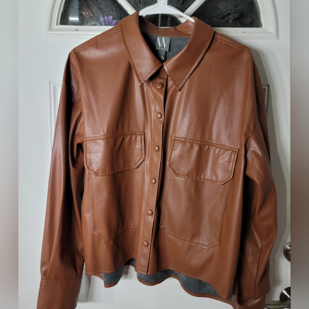 Worthington Brown Button Cropped Faux Leather Jacket NEVER WORN Size L